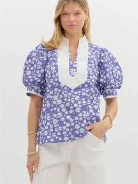 ENTRO Blue & White Geometric Bubble Sleeve Tunic Top Blouse Size M